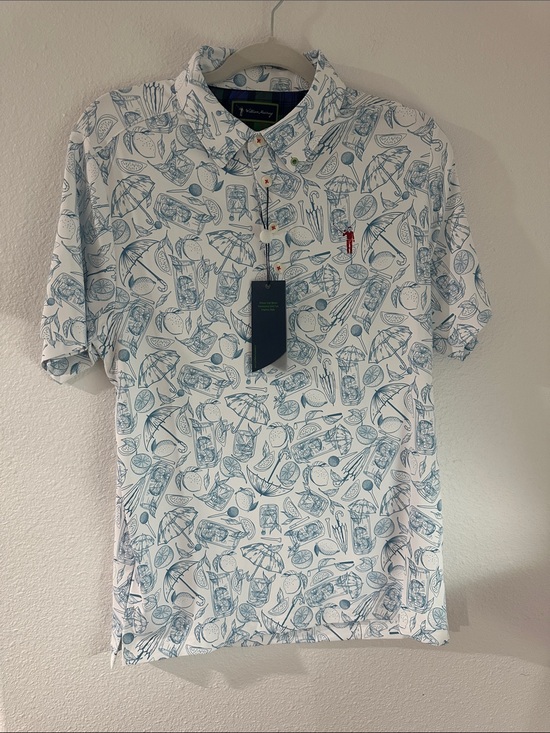 William Murray Golf Other - William Murray Golf White Polo with Light Blue Coastal Sketch Print